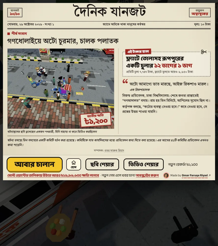 A newspaper-style run summary after the driver was caught, with a ৳1,200 national-loss score and a play-again button.